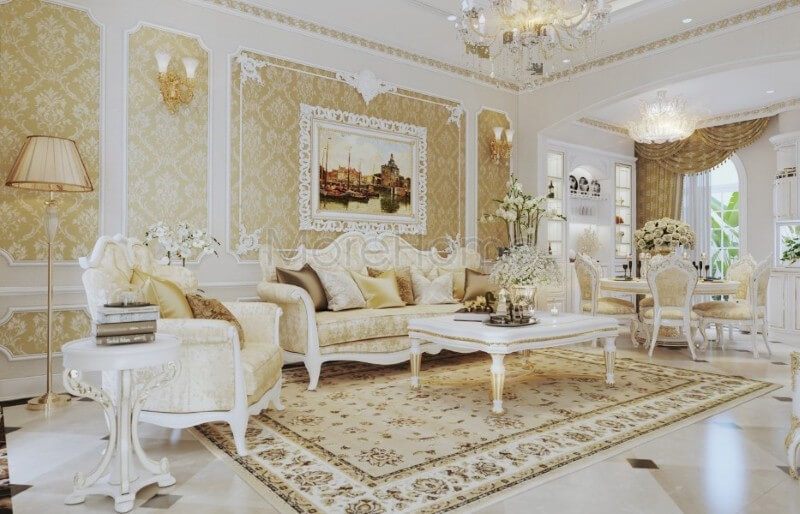 Trang trí nội thất phòng khách chung cư, biệt thự tân cổ điển được kiến trúc sư đầu tư tỉ mỉ về cả đường nét và màu sắc, thể hiện được đúng cái