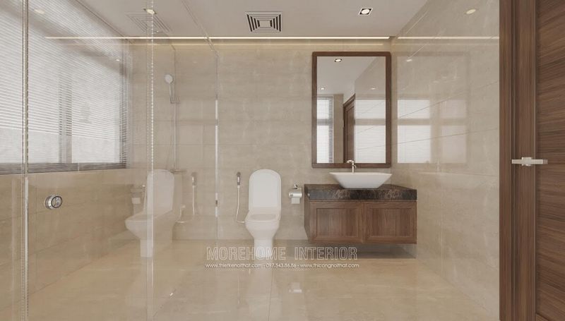 Mẫu thiết kế phòng tắm cao cấp kết hợp vách tắm kính vời kệ tủ độ nhỏ nhắn đang được ưa chuộng hiện nay