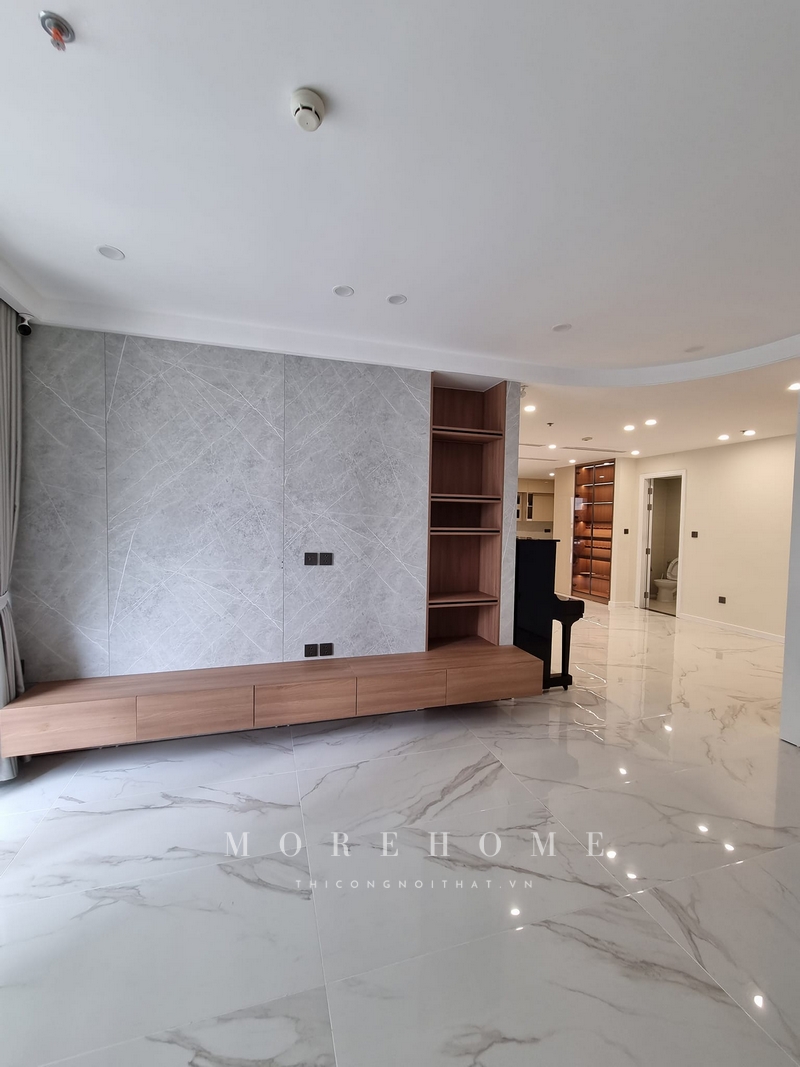 Thi công kệ tủ tivi treo tường gỗ công nghiệp hiện đại kiểu dáng đơn giản, tối ưu diện tích mang thẩm mỹ cao cho không gian